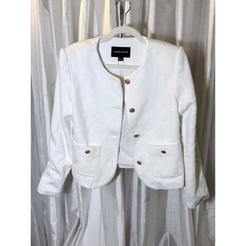 Urban Revivo Tweed Jacket Womens L White NEW Gold Button Collarless Blazer Coat